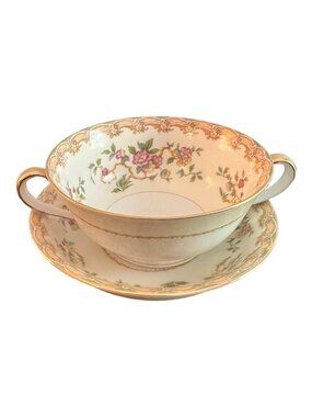 Vtg Noritake Japan Handled Cream Soup & Saucer Set Floral Gold Trim Ivory China